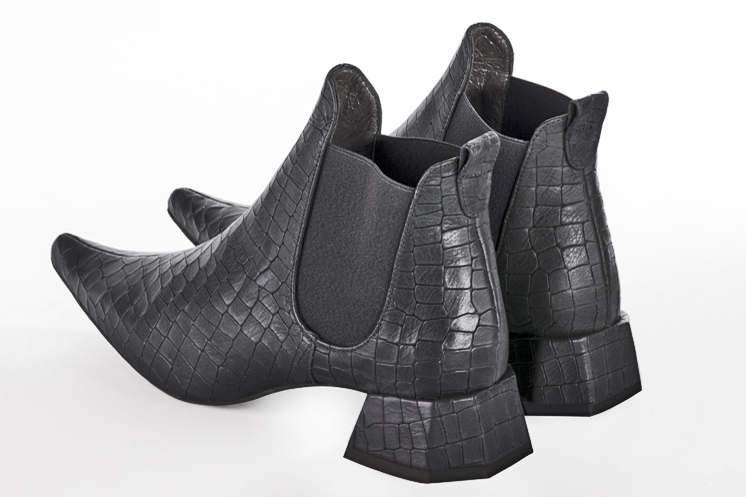 Dark grey women's ankle boots with buckles. Pointed toe. Low flare heels. Rear view - Florence KOOIJMAN
